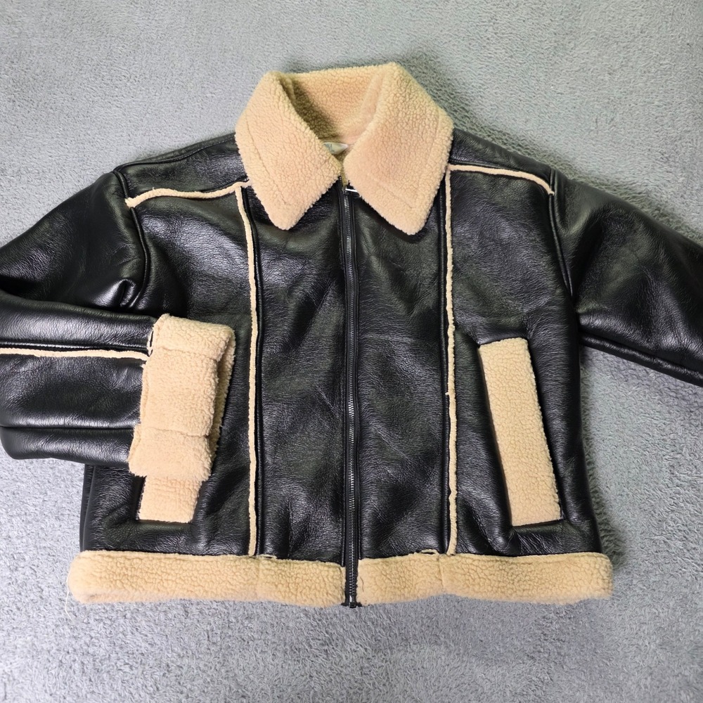 Time and Tru Womens S 4-6 Aviator Jacket Black Faux Leather Shearling Trim Zip